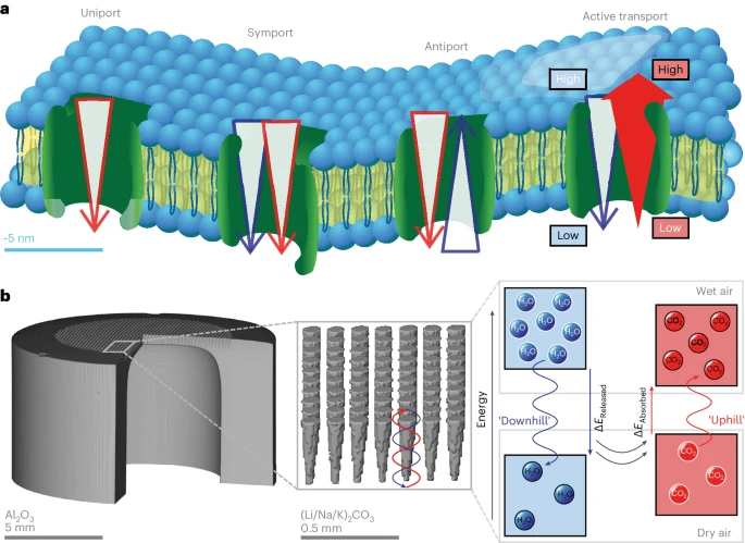 Transport in biological membranes and the humidity-driven synthetic membrane.