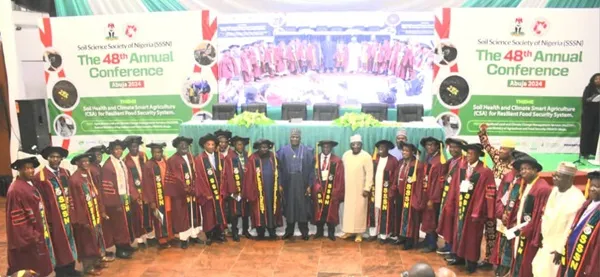 Sen. Aliyu Abdullahi, Minister of State for Agriculture and Food Security, is seen with members of the Soil Science Society of Nigeria during their annual conference in Abuja.